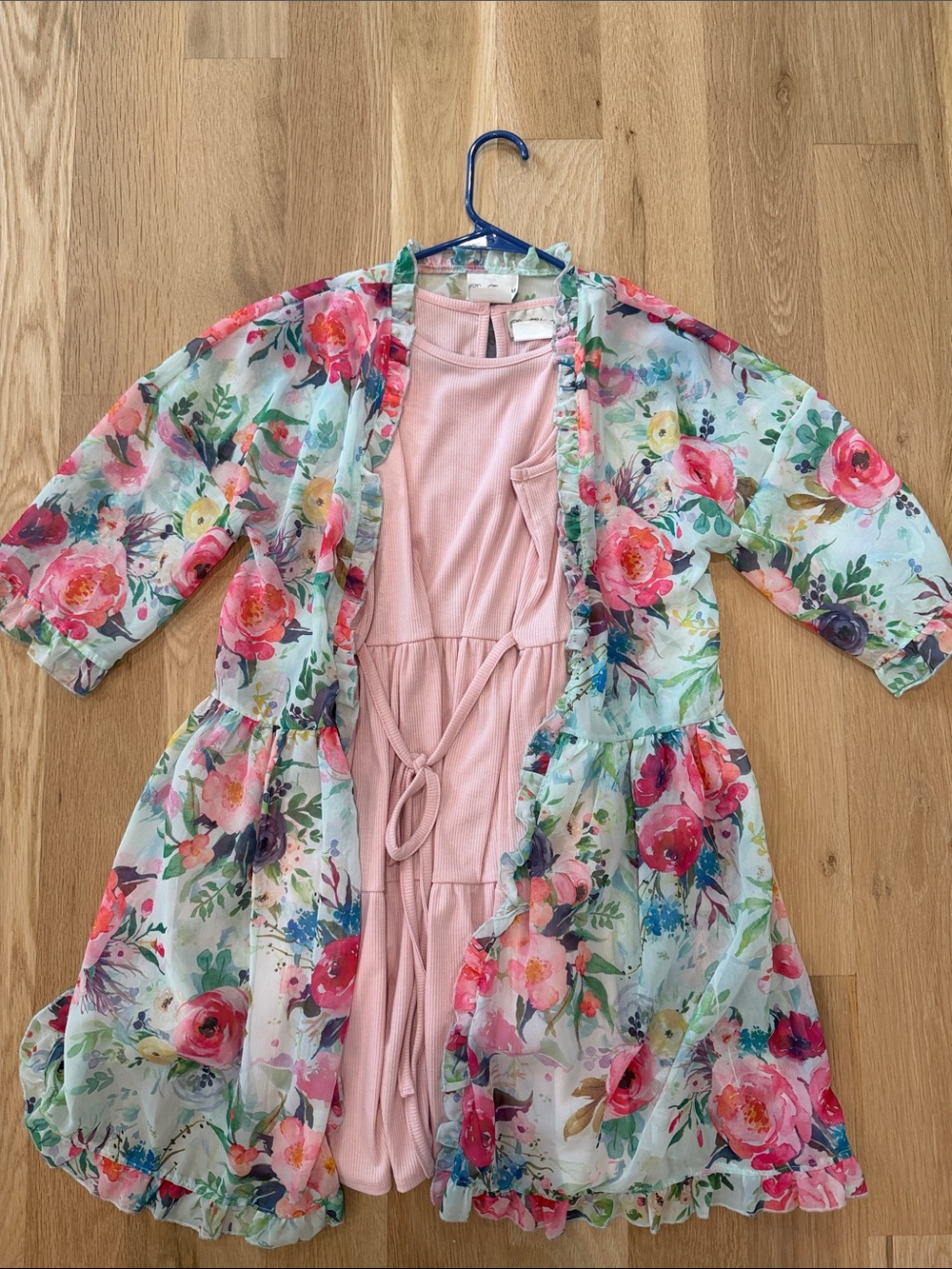 Rare Editions Pink Knit Dress with Floral Chiffon Overlay